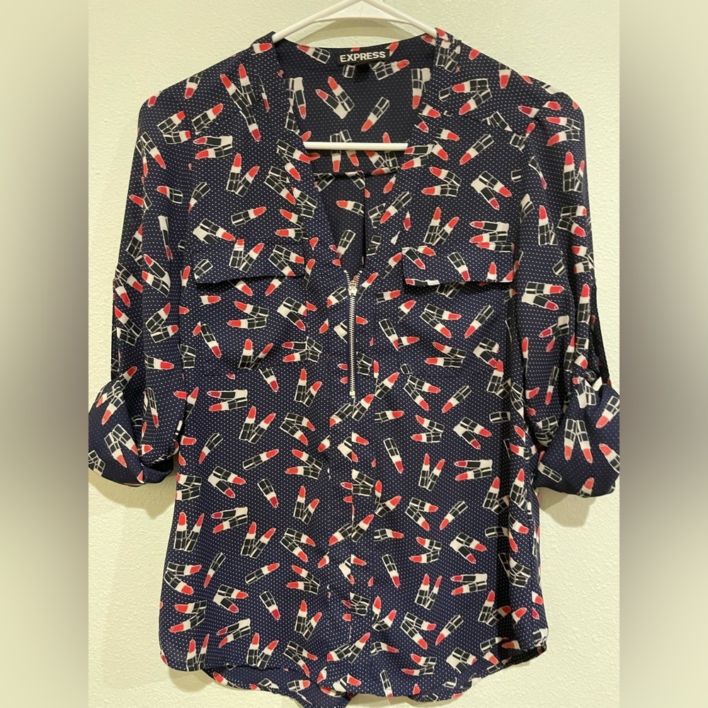 Express Navy Blue and white polka dot blue with lipstick novelty print. …